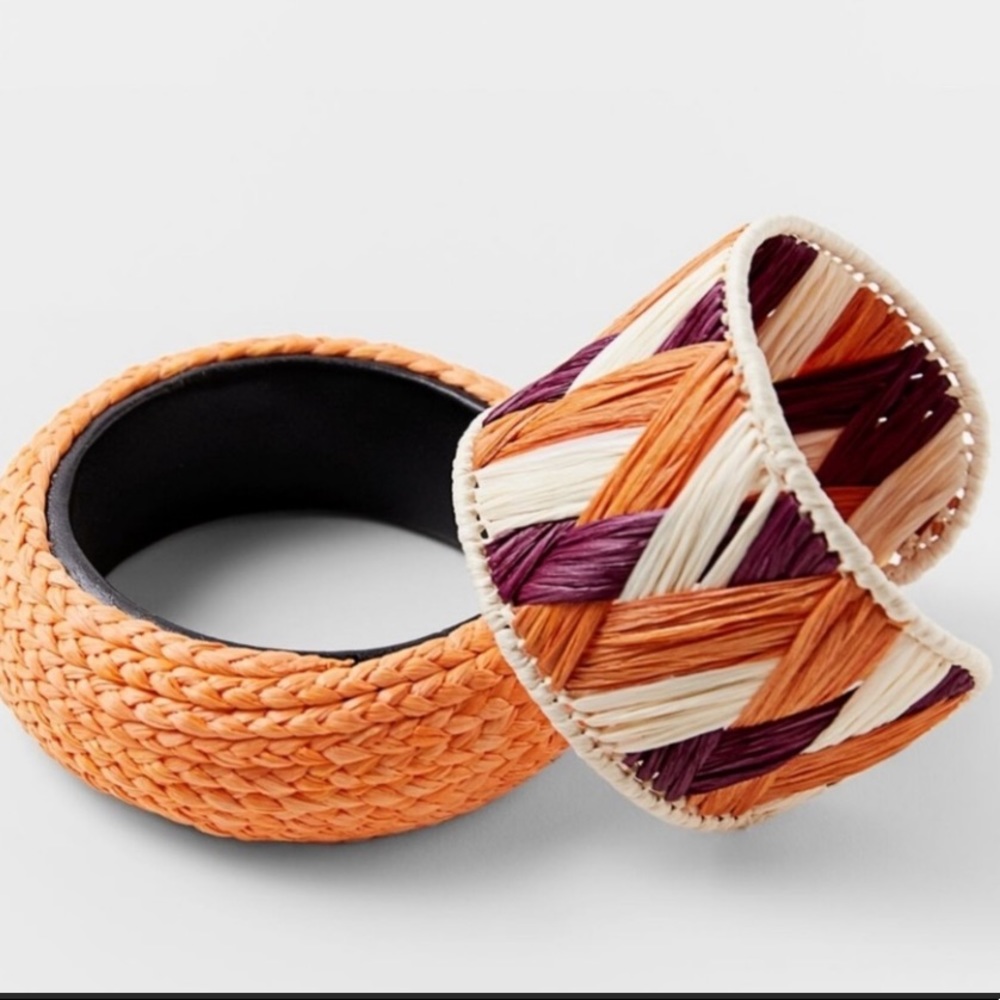 ZARA Natural Raffia & Mango Tree Wood Bracelet & Cuff Set in Orange + Burgundy
